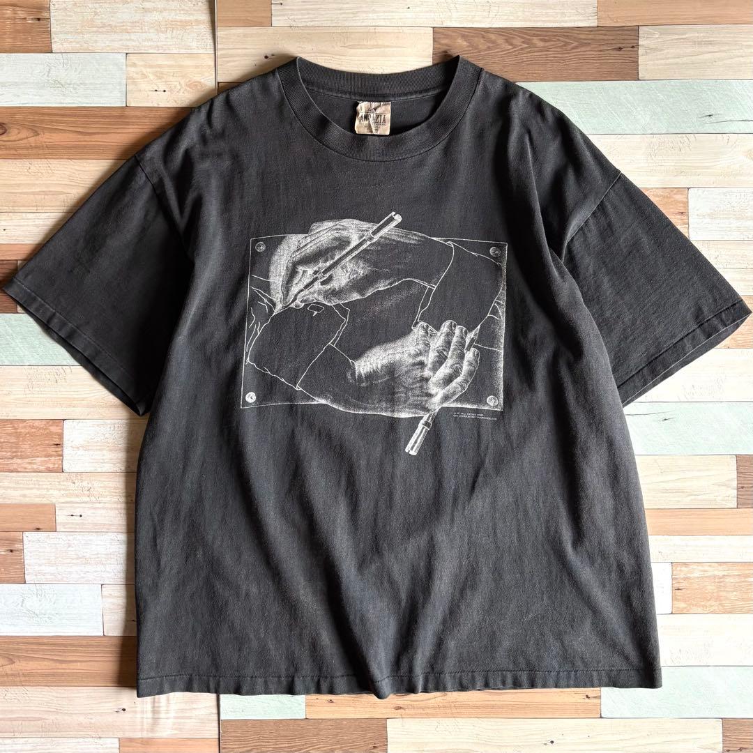 【XL】90s M.C.Escher 描く手 アートプリントTシャツ シングル