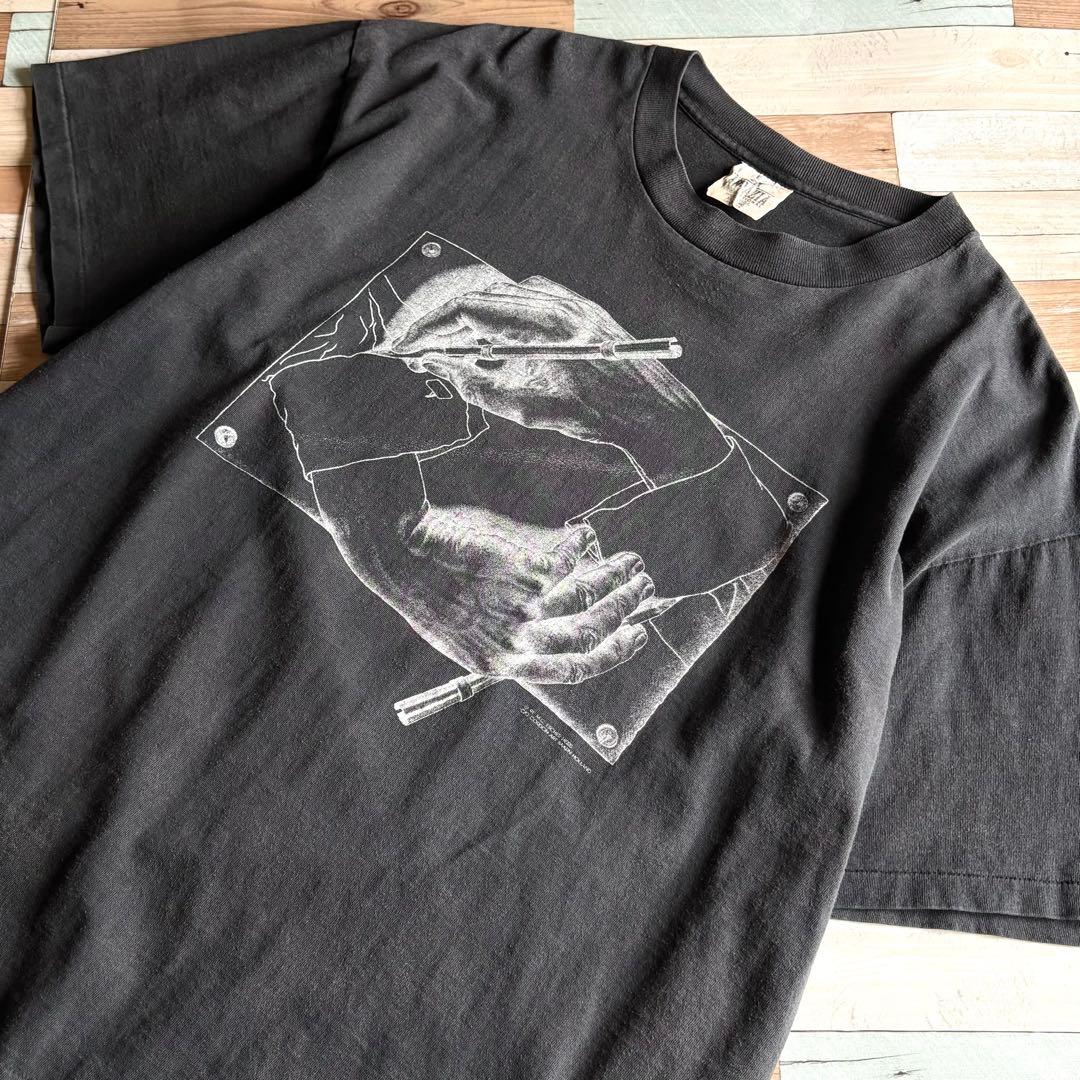 【XL】90s M.C.Escher 描く手 アートプリントTシャツ シングル